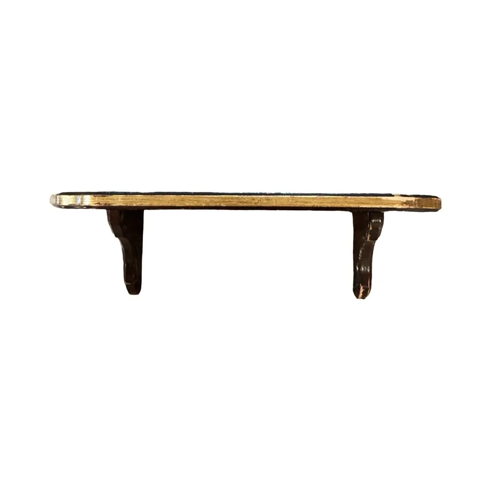 Vintage Dark Wood Wall Shelf Gold Gilt Trim Floating Corbel Brackets 17.5 Inch